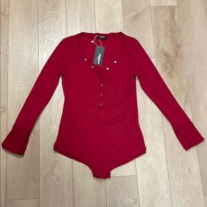 Zeagoo Long Sleeve Henley Boyshort Bodysuit, Red, sz XL